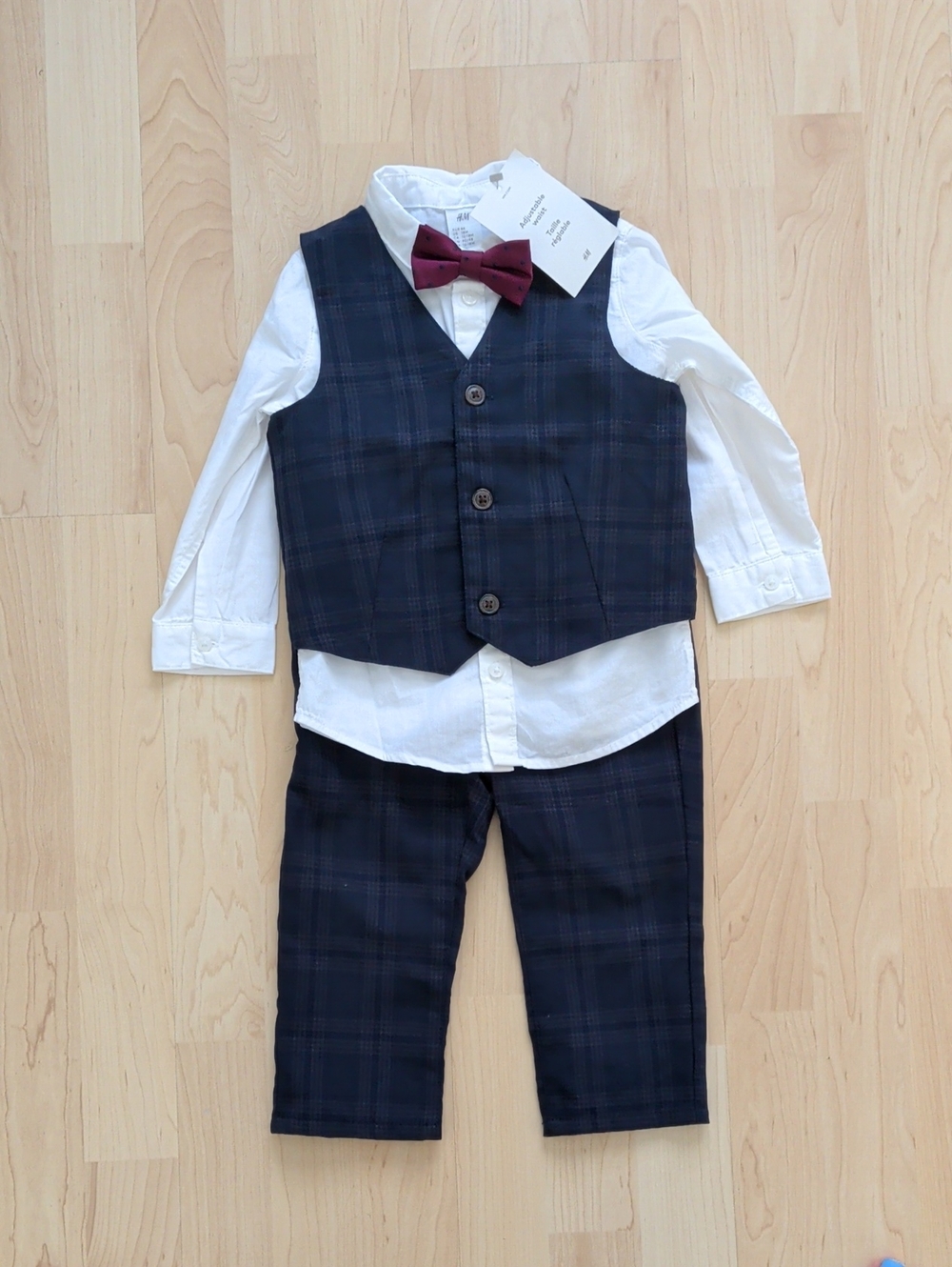 H&M Navy Plaid Vest & Pants Set with White Shirt and Burgundy Bow
